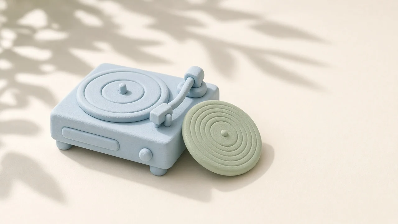 llama.cpp error --model or -hf is required: a pale blue clay record player with an empty turntable and a green clay record waiting beside it, soft light and leaf shadows