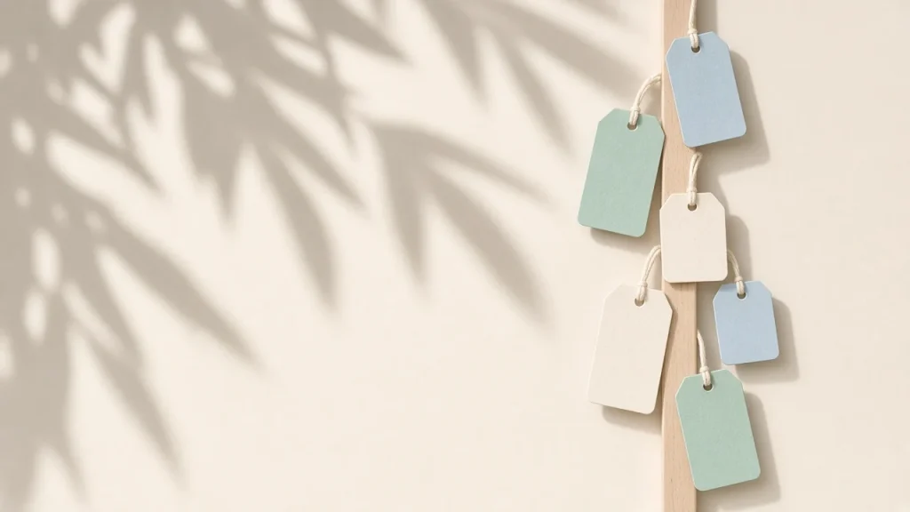 LLM API pricing comparison: blank pale blue and green paper price tags hanging from a wooden rail
