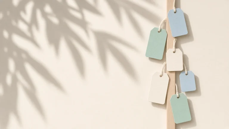 LLM API pricing comparison: blank pale blue and green paper price tags hanging from a wooden rail