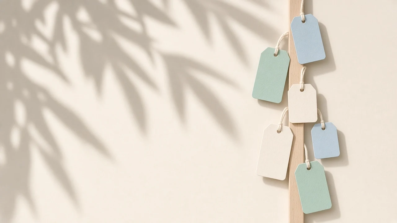 LLM API pricing comparison: blank pale blue and green paper price tags hanging from a wooden rail