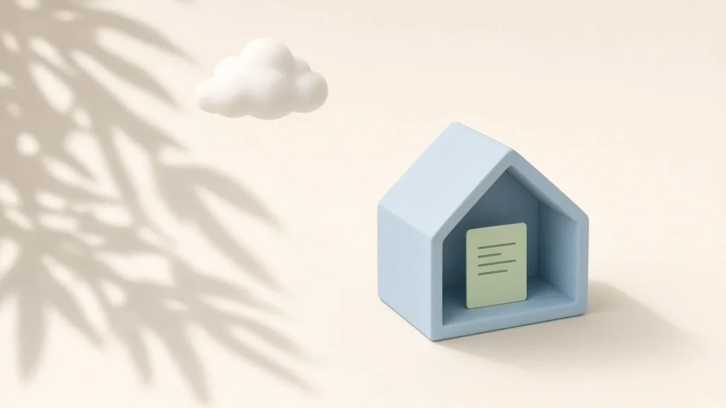 Local LLM for coding: a small pale blue house holding a green sheet of code while a white cloud drifts away