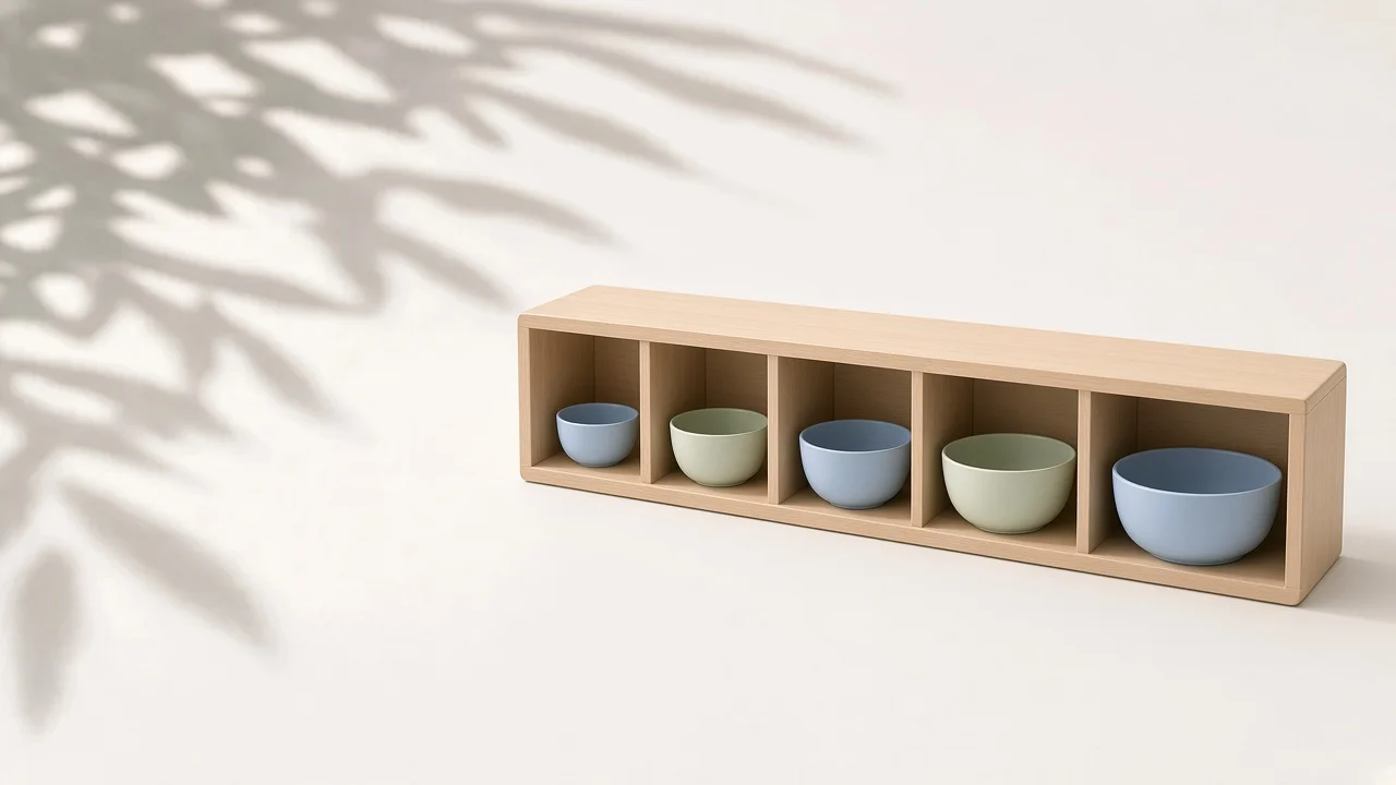 Best local LLM by memory: a light wood shelf with five cubbies of growing size, each holding a pastel bowl that fits it