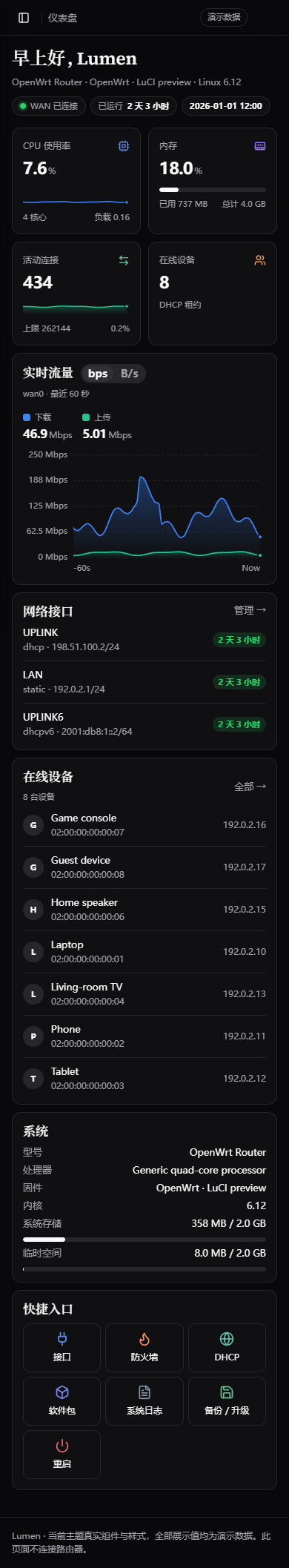 OpenWrt 主题 Lumen 手机布局：仪表盘卡片竖向排列（演示数据）