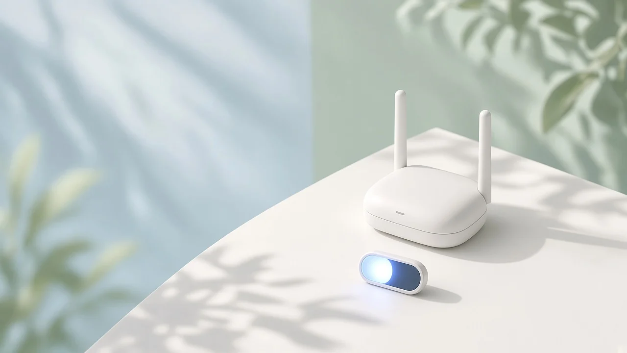 OpenWrt 主题 Lumen 封面：白色小路由器和一个发光的明暗切换开关