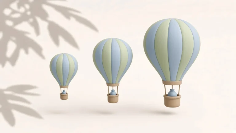 M5 for local LLMs cover: three pale blue and green clay hot-air balloons of growing size, each lifting a heavier weight