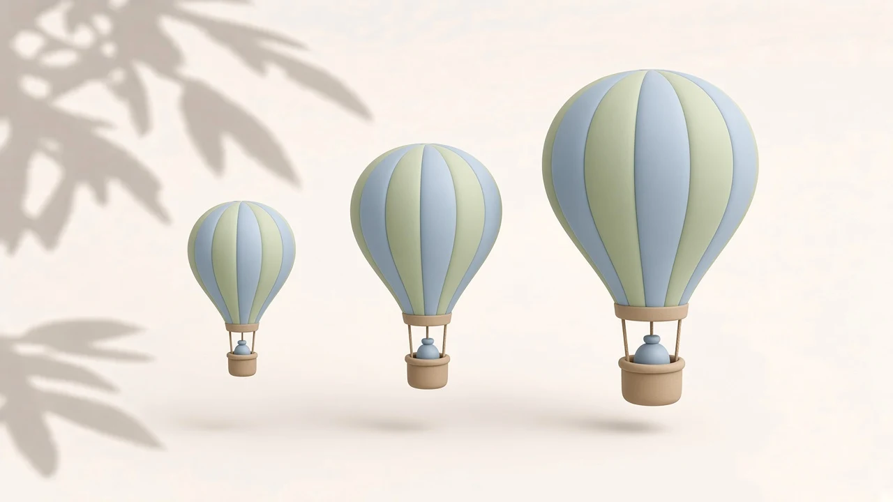 M5 for local LLMs cover: three pale blue and green clay hot-air balloons of growing size, each lifting a heavier weight