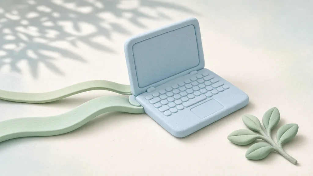 M6 MacBook Pro memory bandwidth: a pale blue clay laptop fed by one thin and one wider green clay ribbon, soft light and leaf shadows