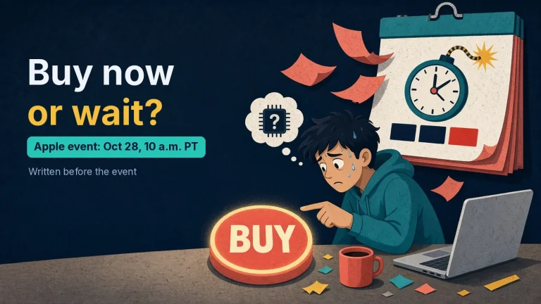Nervous buyer hovering over a Buy button while a calendar countdown looms: buy a Mac now or wait for Apple's Oct 28 event