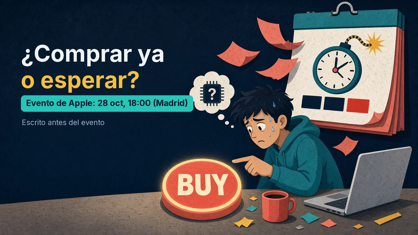 Una persona duda sobre el botón Comprar mientras corre la cuenta atrás: comprar Mac ahora o esperar al evento del 28 de octubre