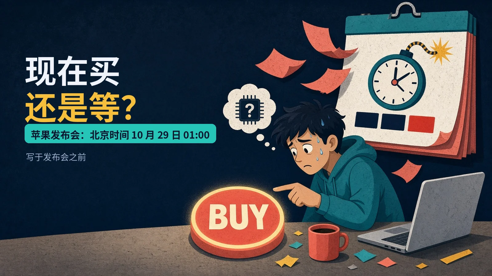 一个人手指悬在购买按钮上、身后日历倒计时:Mac 现在买还是等