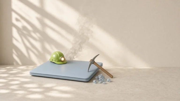 A pale-blue laptop wearing a tiny miner's helmet next to a pickaxe, like a Mac secretly working a second job