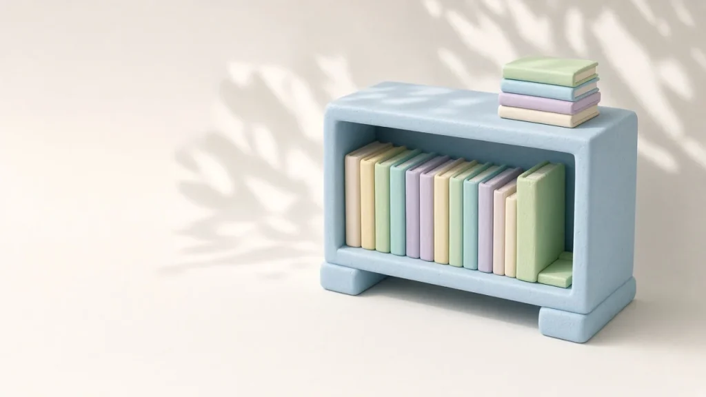 Ollama context length: a pale blue clay bookshelf filled with a fixed row of pastel books, with extra books stacked on top that do not fit inside