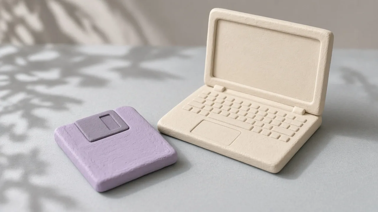 Ollama model downloaded in a format that is no longer supported: a lavender clay floppy disk next to a cream clay laptop that has no disk slot