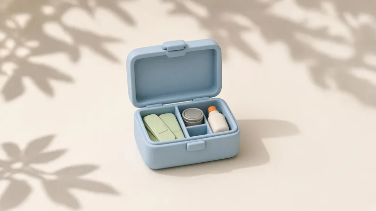 Ollama llama.cpp errors quick lookup: an open pale blue clay first-aid box with light green bandages, a small tin and a bottle in separate compartments