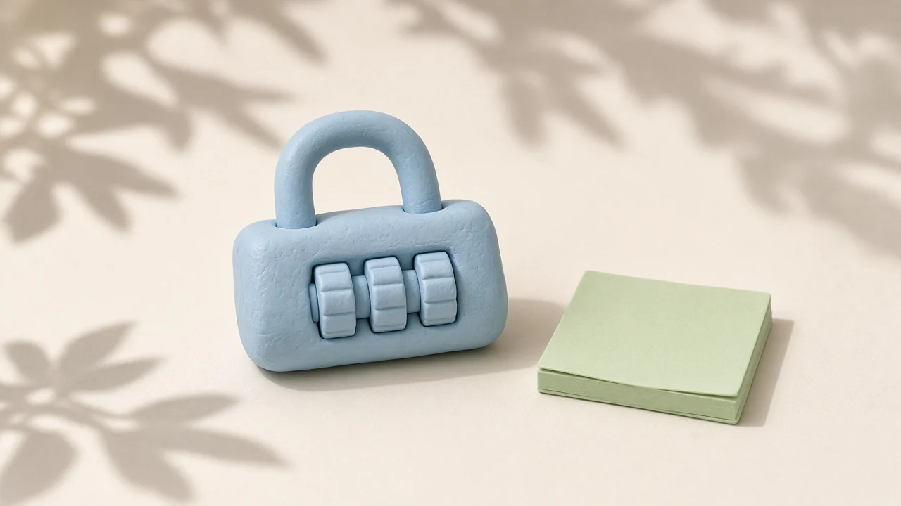 OpenAI 401 Incorrect API key provided: a pale blue clay combination padlock with a blank green clay sticky note beside it, soft light and leaf shadows