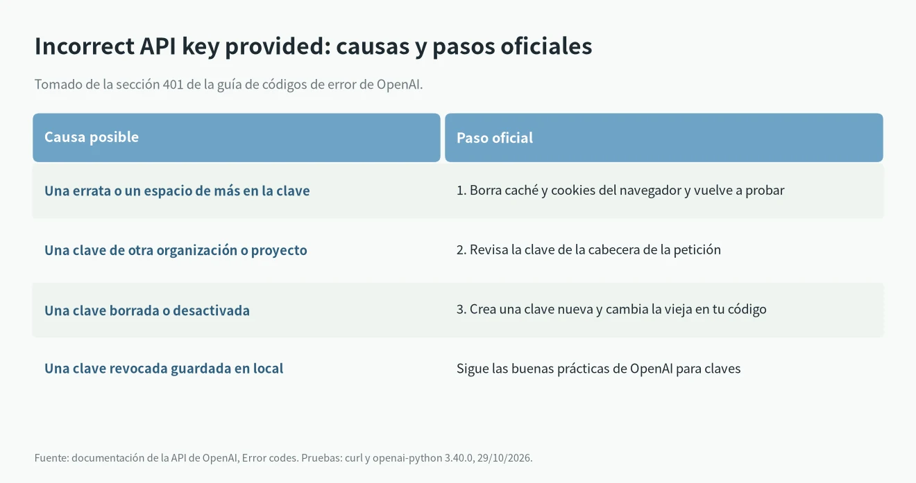 Solución oficial de OpenAI al 401 Incorrect API key provided: las cuatro causas y los tres pasos