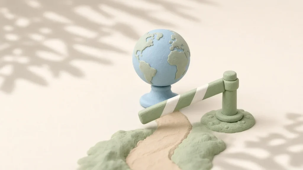 OpenAI API 403 Country, region, or territory not supported: a pale blue clay globe with a lowered striped clay barrier in front of it, soft light and leaf shadows