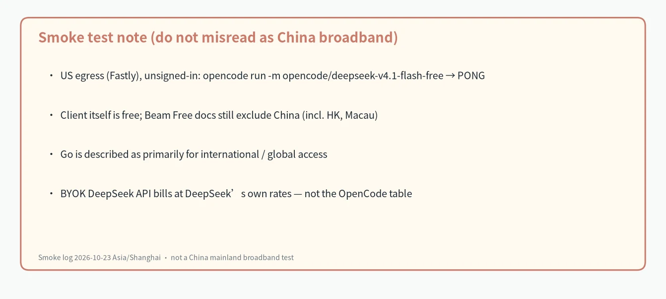 OpenCode DeepSeek V4.1 Flash smoke test note: US egress free run, not China broadband