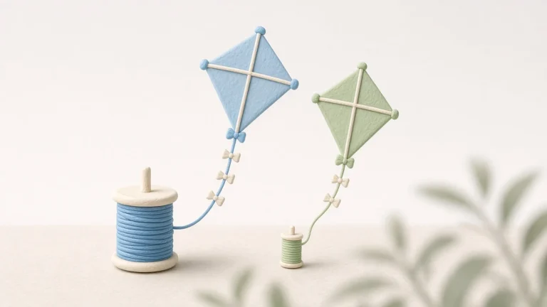 Opus 5.5 vs GPT-6.1 Sol: two pale blue and green clay kites flying side by side with their spools on the grass, soft natural light and leaf shadows