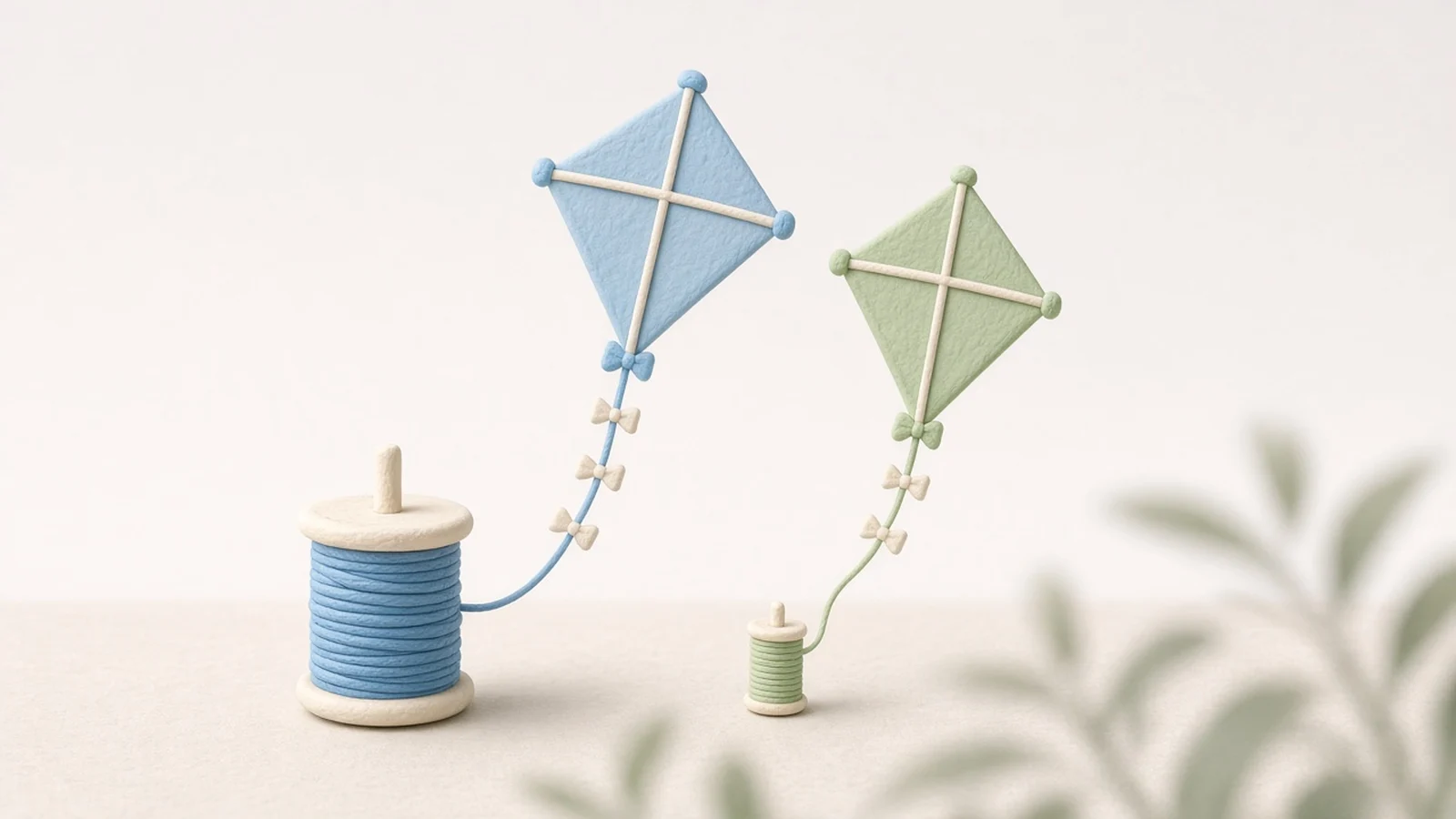 Opus 5.5 vs GPT-6.1 Sol: two pale blue and green clay kites flying side by side with their spools on the grass, soft natural light and leaf shadows