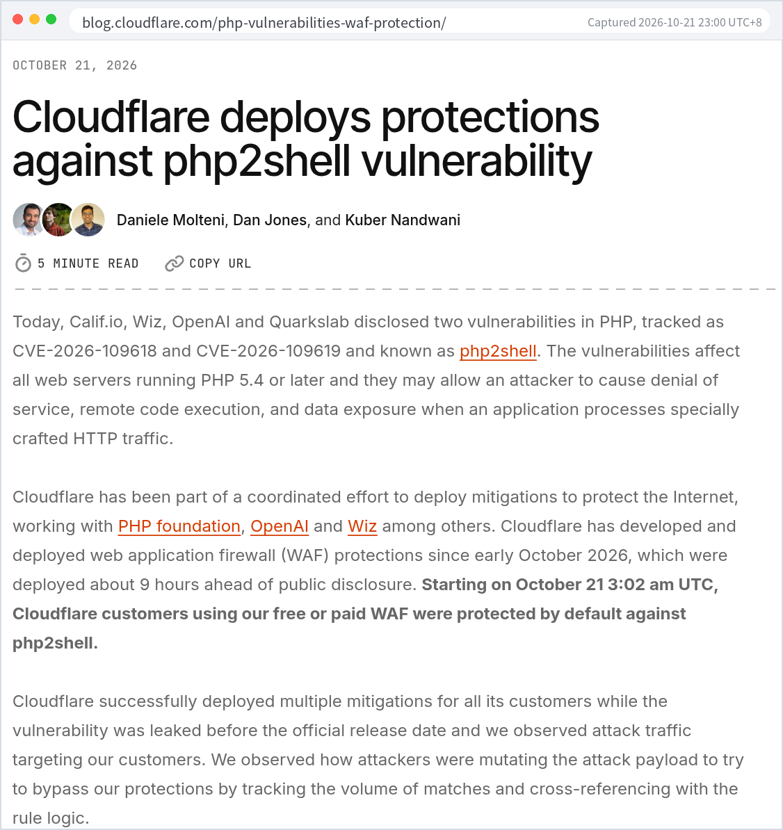 Cloudflare blog on WAF rules for PHP CVE-2026-109618 (php2shell)