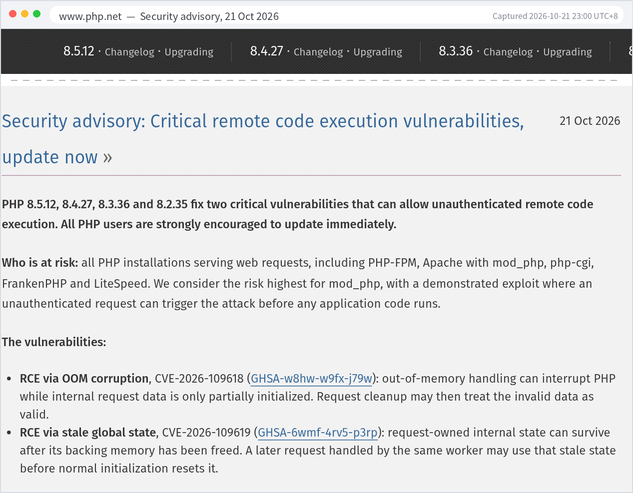 php.net security advisory for PHP CVE-2026-109618 and CVE-2026-109619