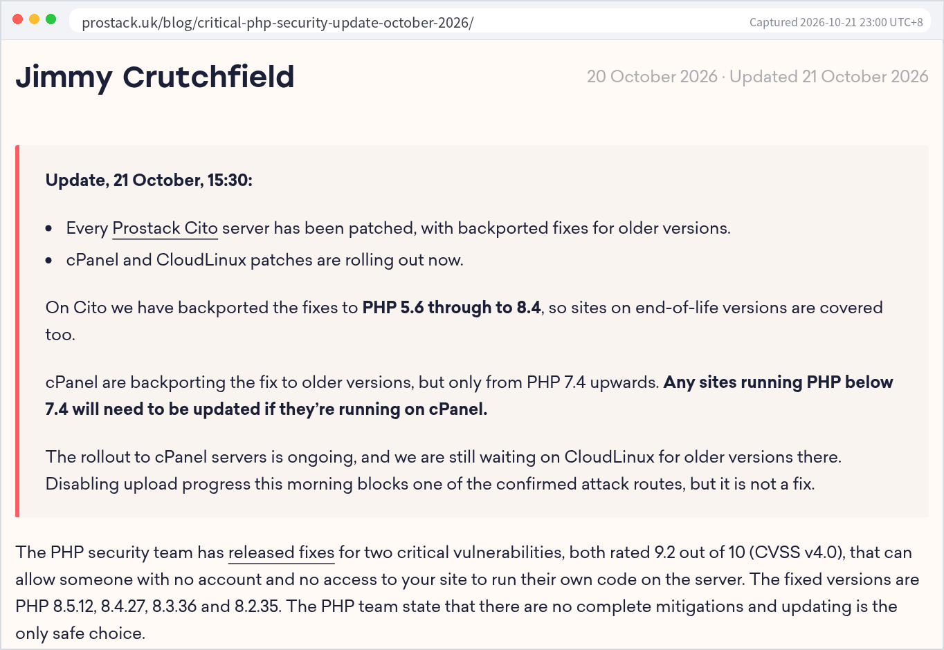 Prostack update on PHP CVE-2026-109618 patch rollout