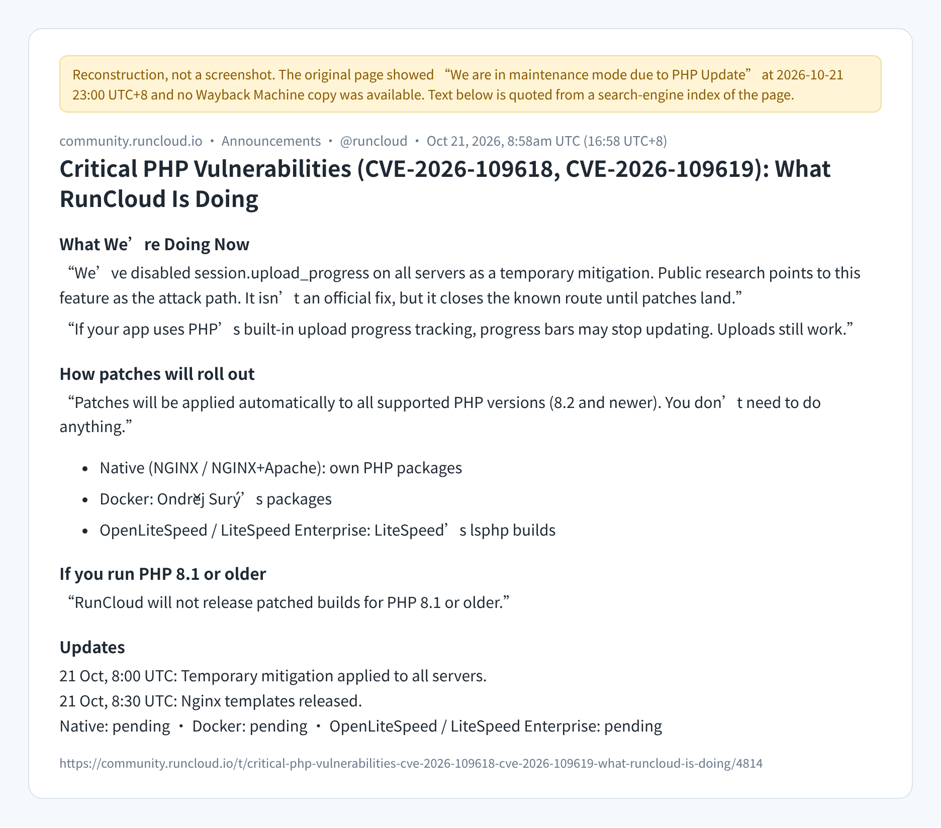 RunCloud notice on PHP CVE-2026-109618, reconstructed from a search-engine cache