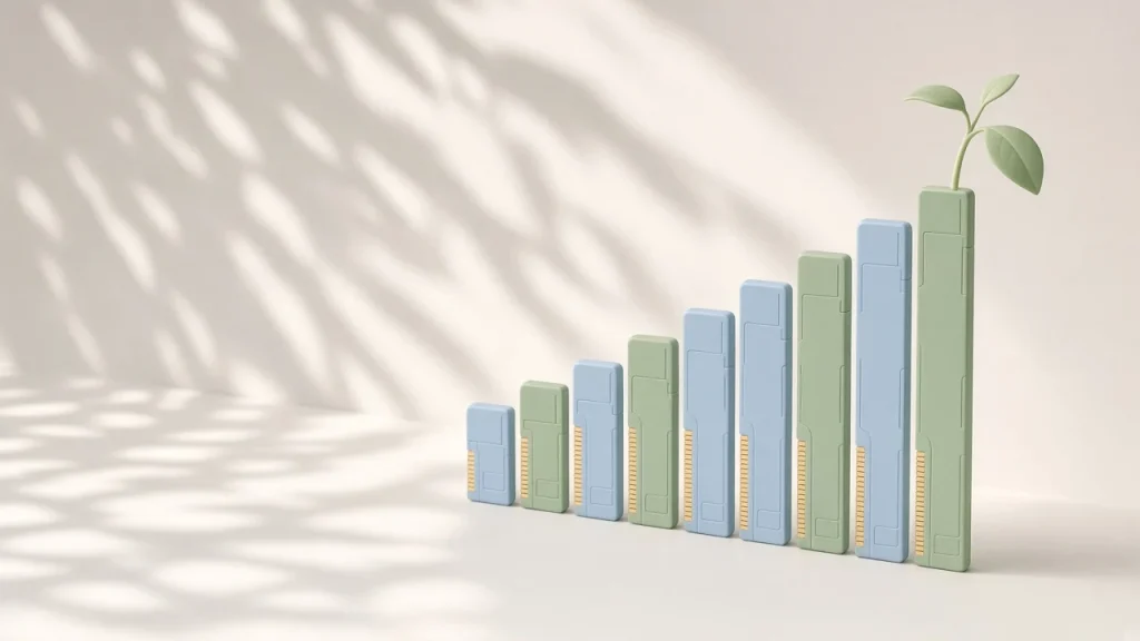 RAM price trend 2026: pale blue and green memory sticks standing in a row and getting taller like a rising monthly price chart