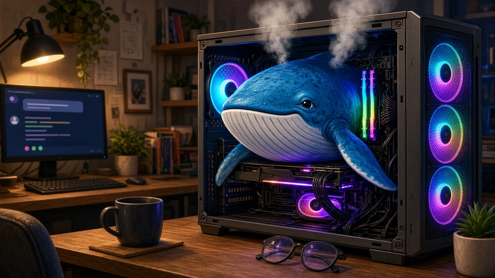 Run DeepSeek locally: a blue whale squeezed into a home PC case