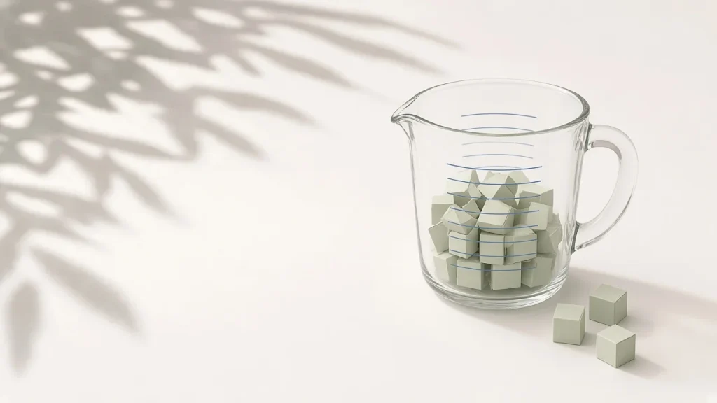 VRAM calculator: a glass measuring jug two thirds full of pale green paper cubes, with three more cubes beside it
