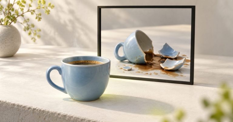 An intact blue coffee cup sits on a desk while a dark frame behind it shows the cup broken and coffee spilled, imagining a failure before it happens.