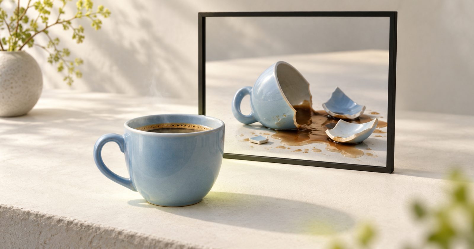 An intact blue coffee cup sits on a desk while a dark frame behind it shows the cup broken and coffee spilled, imagining a failure before it happens.